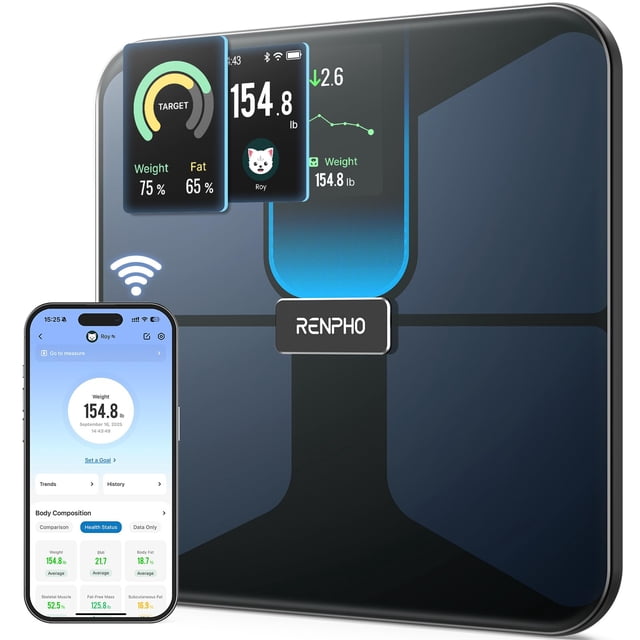 Báscula RENPHO con IMC, Grasa Corporal, Masa Muscular, Báscula Inteligente para Peso Corporal, Báscula de Composición Corporal con Wi-Fi y Bluetooth, Recargable, Elis Evo