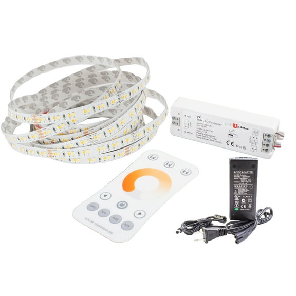 LEDUPDATES 24v Adjustable  Color Temp LED Strip Light 3528 CCT 3000K Warm white to 6500K Pure white 300 LED chip with Remote and 24v UL Power Supply