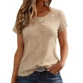 thumbnail image 3 of Women's Short Sleeve Mesh Top T-Shirt Blouse with Hollow Out Fabric Solid Color Casual Daily Wear Vacation Beach Party Fashion Essential for Women | CSEONE,Khaki XL, 3 of 9