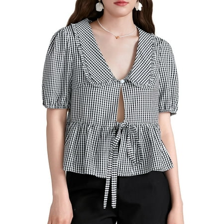 Fullvigor Women Plaid Bow Tie Front Shirt Top Y2K Peplum Ruffle Babydoll Blouse Lace Up Going Out Top