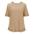 thumbnail image 4 of YDFCWXW Linen Tops for Women Short Ruffle Sleeve Shirts Crewneck Pleated Blouses Dressy Casual Fashion Button Down Tunic Top Beige, L, 4 of 5