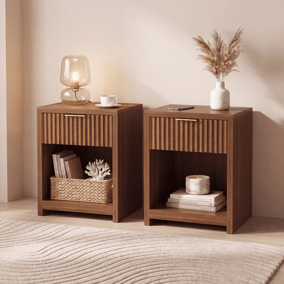 Jableast 16.7" Fluted Nightstand Set of 2, Mid-Century Bedside Table with Silent Glide Drawer & Gold Handles, End Table for Bedroom, Natural Oak
