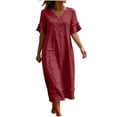 thumbnail image 2 of Ayolanni Women Summer Dresses V Neck Short Sleeve Solid A-Line Maxi Dress Lightweight Daily Flowy Cotton Linen Long Dress with Ruffle Sleeve Red M, 2 of 9