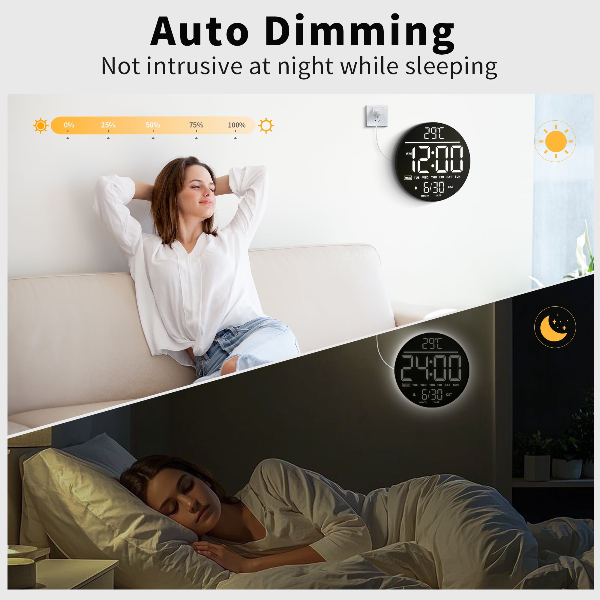 LEIKE 10" Large Digital Wall Clock with Seconds - Big LED Display RGB Color - Auto DST, Temperature & Countdown Timer - Electric Wall Mounted Digital Clock for Bedroom, Living Room, Office, Gym