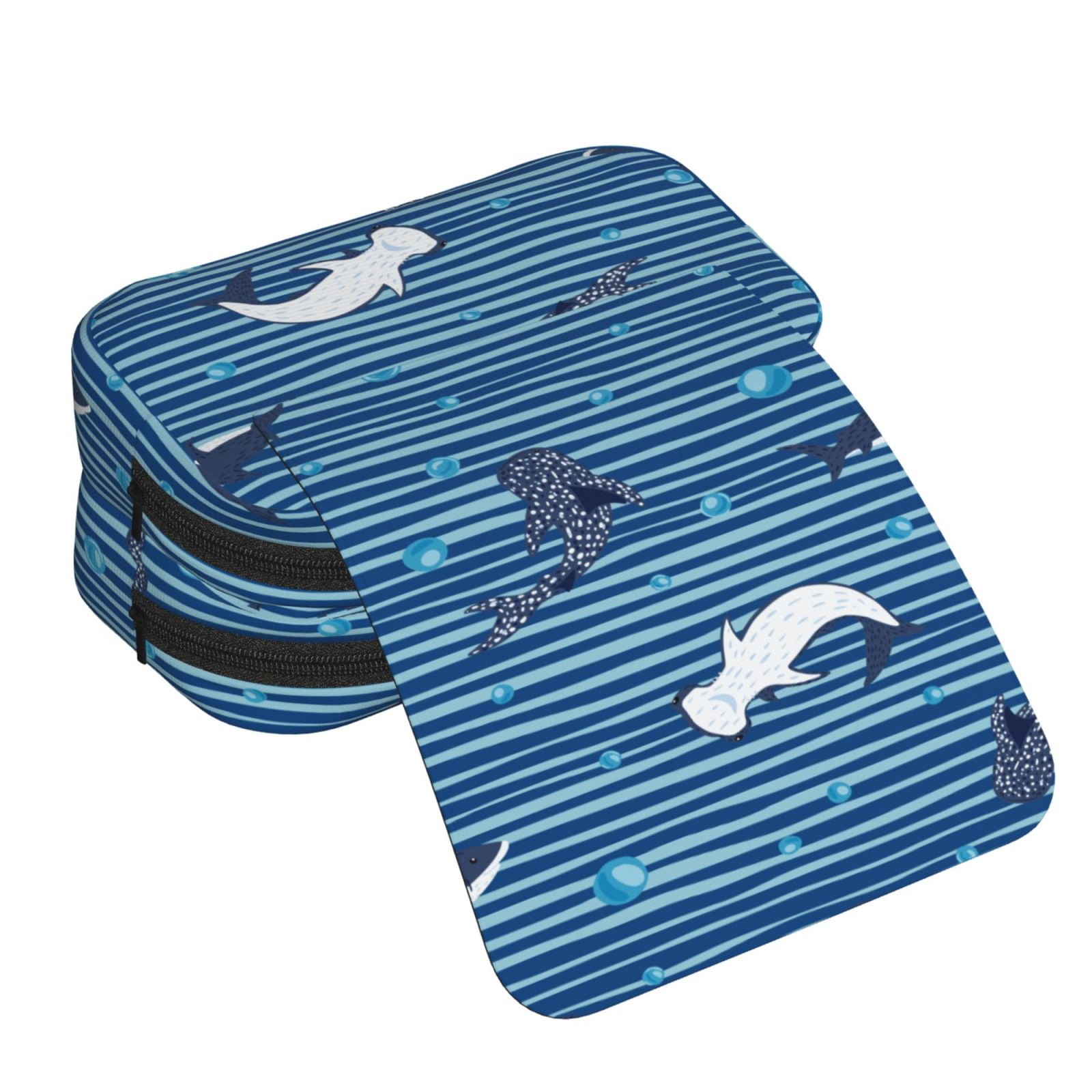 Rateoe Sharks on White Blue Striped Pattern Double Clamshell Pen Case, Storage Organizer with Two Zipper Compartments– Holds Up to 50 Pencils & Pens
