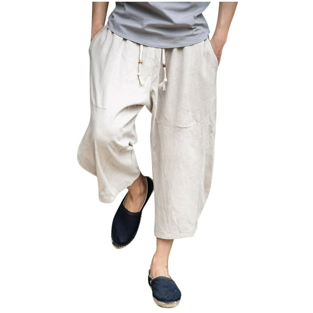 aidice Men's Plus Size Capris Casual Cotton Linen Cropped Pants Drawstring Elastic Waisted Pant with Pockets