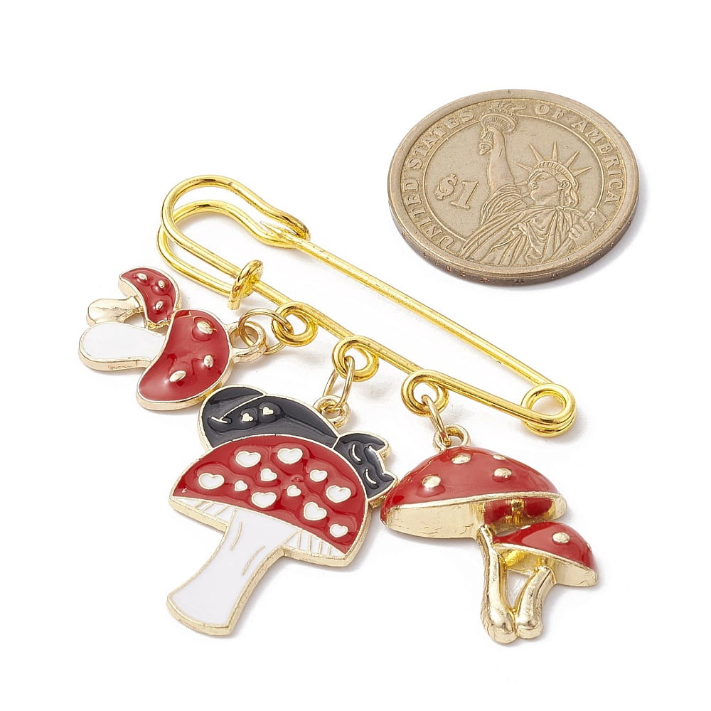 20pc Mushroom Enamel Charms Brooch Alloy Safety Kilt Pin Brooch Dark Red 19.5~31x19~23x4mm