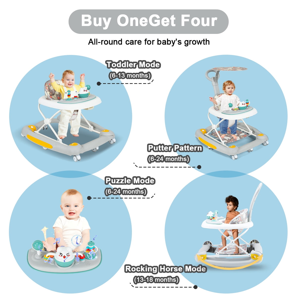 HAOUUCYIN Baby Walker, 6-in-1 Multi-functional Foldable Push Walker, 6-24 Months, Gray