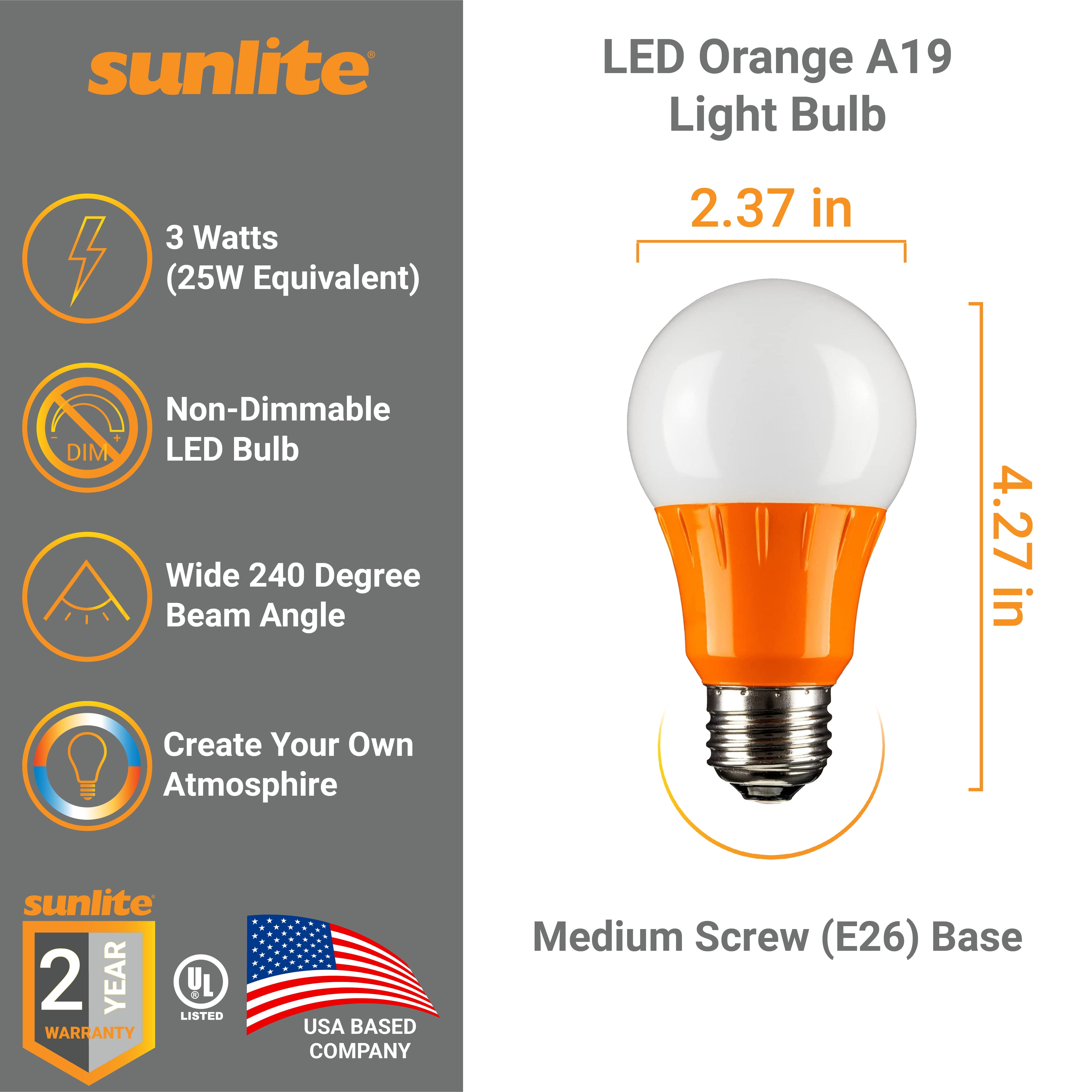 Sunlite LED A19 Colored Light Bulb, 3 Watts (25w Equivalent), E26 Medium Base, Non-Dimmable, UL Listed, Party Decoration, Holiday Lighting, Orange, 6 Pack