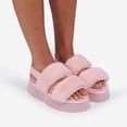 thumbnail image 5 of Luxemoda Women's Tata Fluffy Stripe Platform Slip On Open Toe Faux Fur Slippers (PINK, 10), 5 of 6