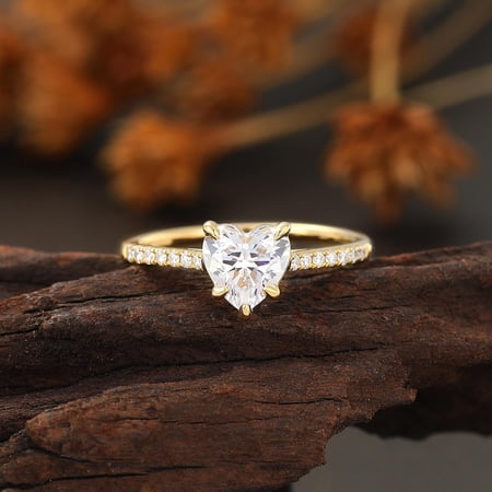 1.0 CT - 1.50CT - 2.0 CT Heart Shape Ring, Lab Diamond Engagement Ring, Yellow Gold Wedding Ring, Micro Pave Bridal Ring, Half Eternity Ring