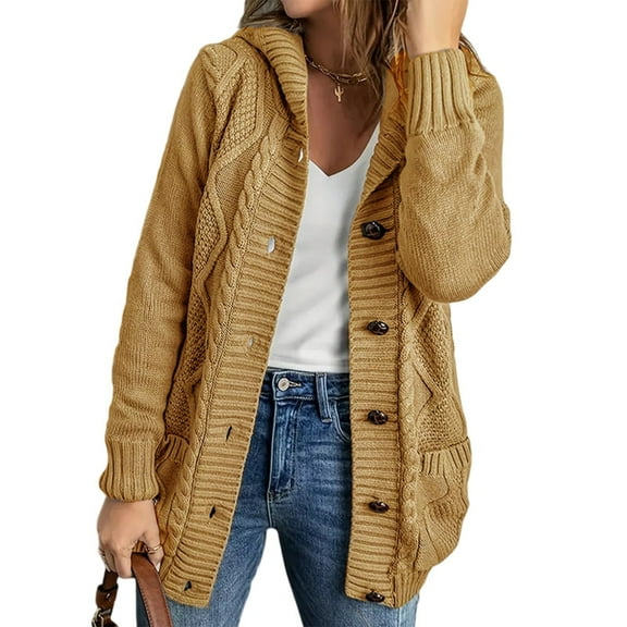 Women'S Hooded Cardigan Chunky Knit Sweater Fall Winter Style Thick Front Button-Down Coat with Pockets Yellow 4XL