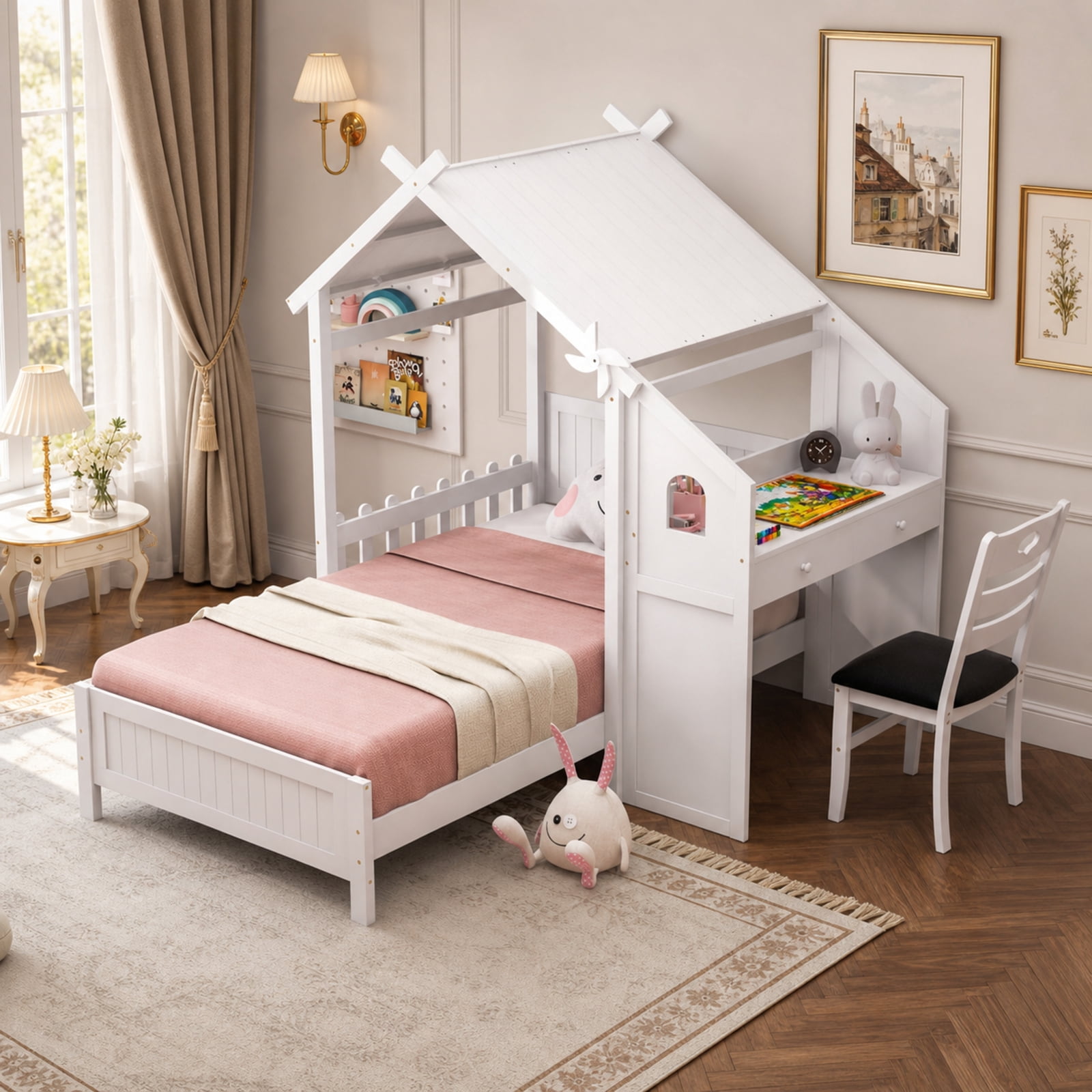 Furnibear White Twin House Bed with Built in Desk 2 Storage Drawers Ergonomic Study Chair Decorative Windmill High Headboard and Protective Fence for Nursery Bedroom