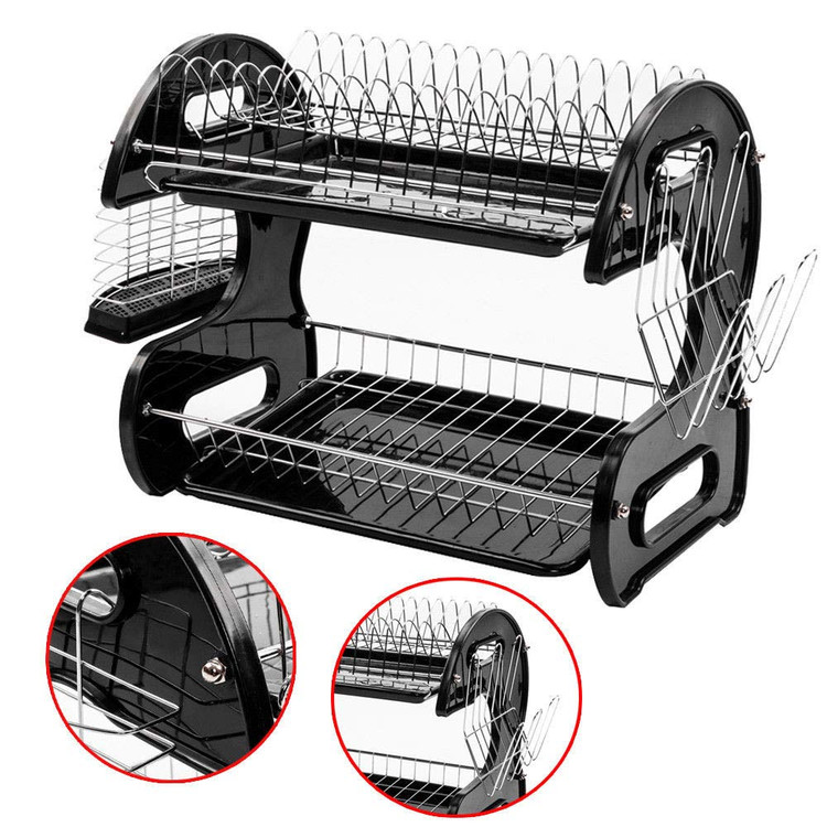 2 Tier Black Dish Drainer Drying Rack Washing Organizer All Households