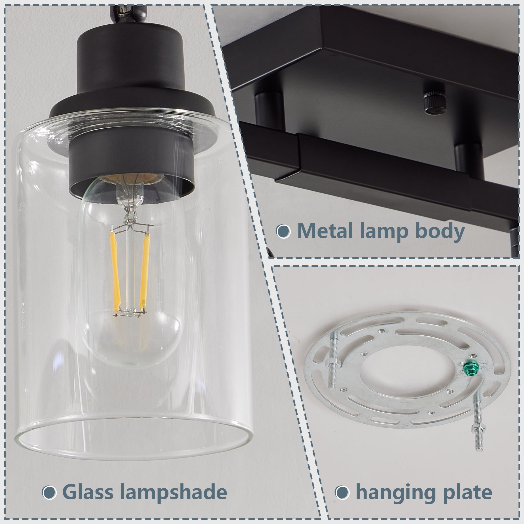 Leumius 4-Light Semi Flush Mount Ceiling Light, Adjustable Kitchen Light Fixtures Ceiling Mount with Clear Glass Shades, Rotatable Black Track Lighting Fixtures for Hallway, Foyer, Bedroom(No Bulbs)