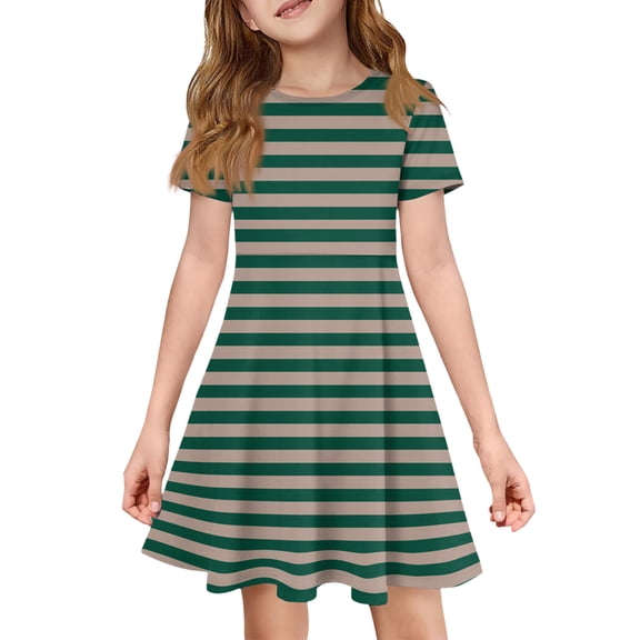 CCRFTGI Short Sleeve Dresses for Kids Girls 7-8 Casual Summer A Line Swing Skater Dress Funny Striped Dresses Party Girls Clothes Fashion Army Green 3-4 Years