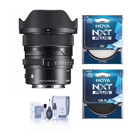 20mm f/2 DG DN Contemporary Lens for Sony E  Bundle with Hoya NXT Plus 62mm UV+CPL Filter Kit  Cleaning Kit