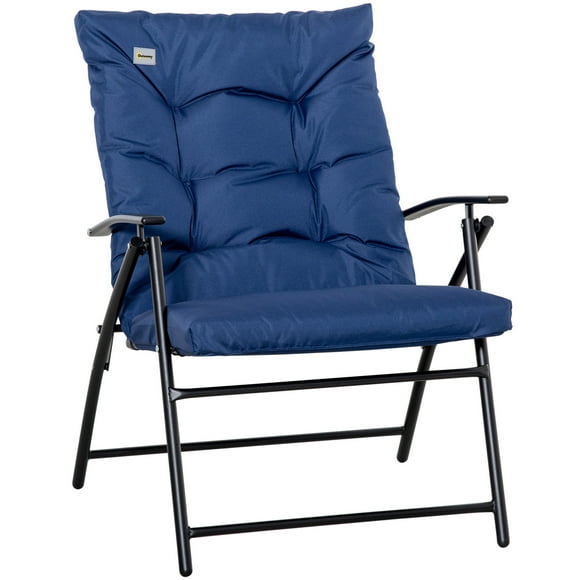 Outsunny Foldable Lounge Chair, Fabric Upholstered Recliner, Outdoor Lounger with Armrest, Metal Frame Camping Beach Chair for Poolside, Deck, Backyard, Blue