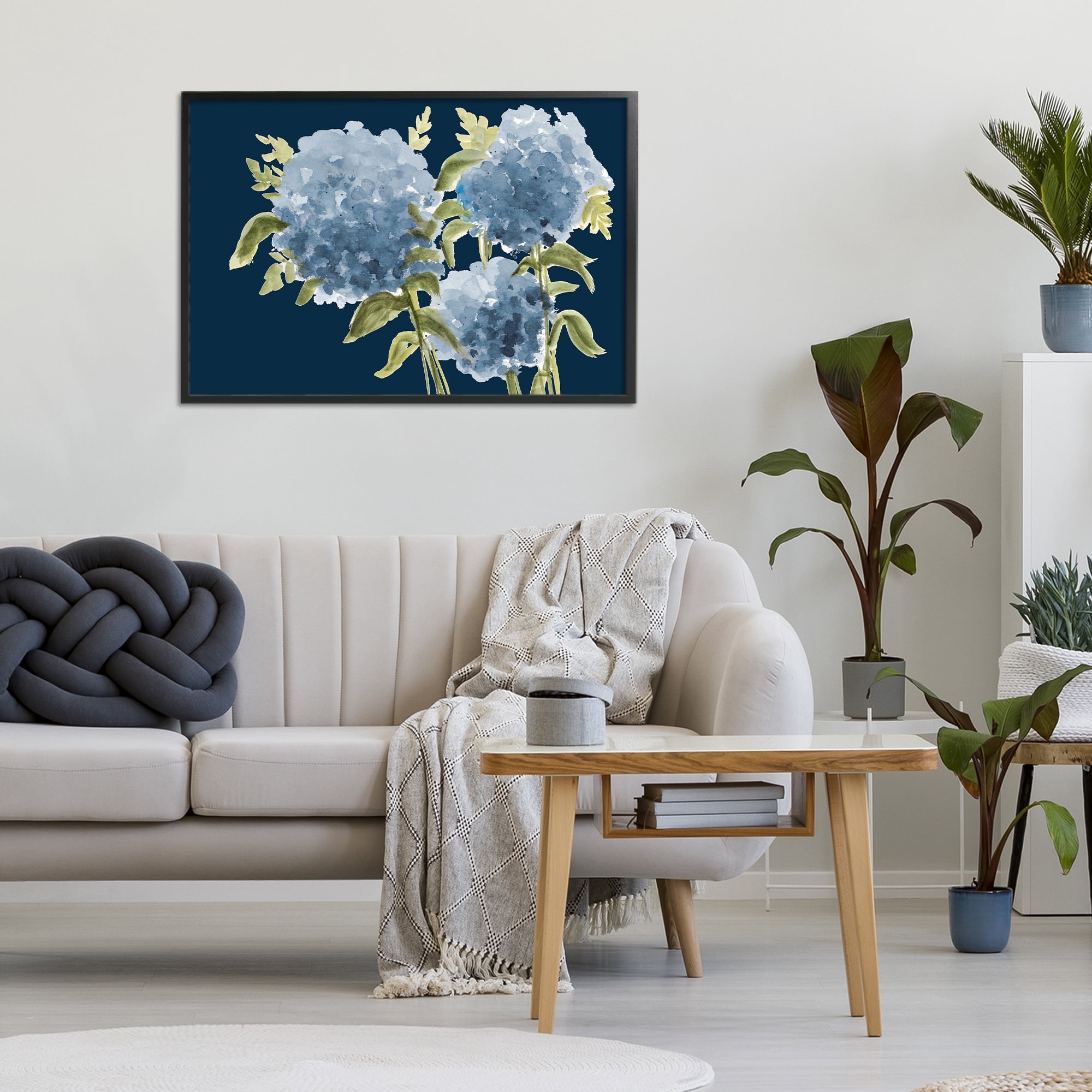 Stupell Industries Blue Hydrangeas on Indigo Black Framed Giclee Art, design by Janice Gaynor