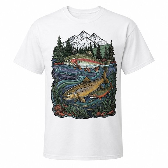 Retro Trout Fishing T-Shirt, Mountain River Fish Graphic Tee, Unisex Classic Fit