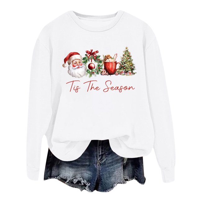 WEAIXIMIUNG Sweat-Shirt Blanc pour Femmes Mode Hiver Imprimé Festif de Noël Col Rond