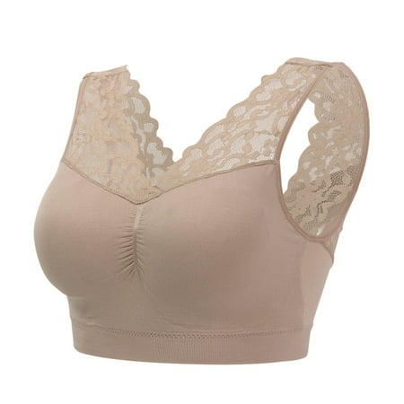 

Women Sexy V Neck Lace Bras Push Up Padded Bra Seamless Comfortable Bralette Sports Sleep Bra Khaki 2XL