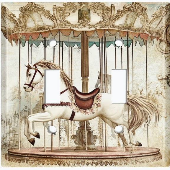 Metal Light Switch Wall Plate Outlet Cover (Printed Image of Vintage Carousel Horse - Double Toggle)
