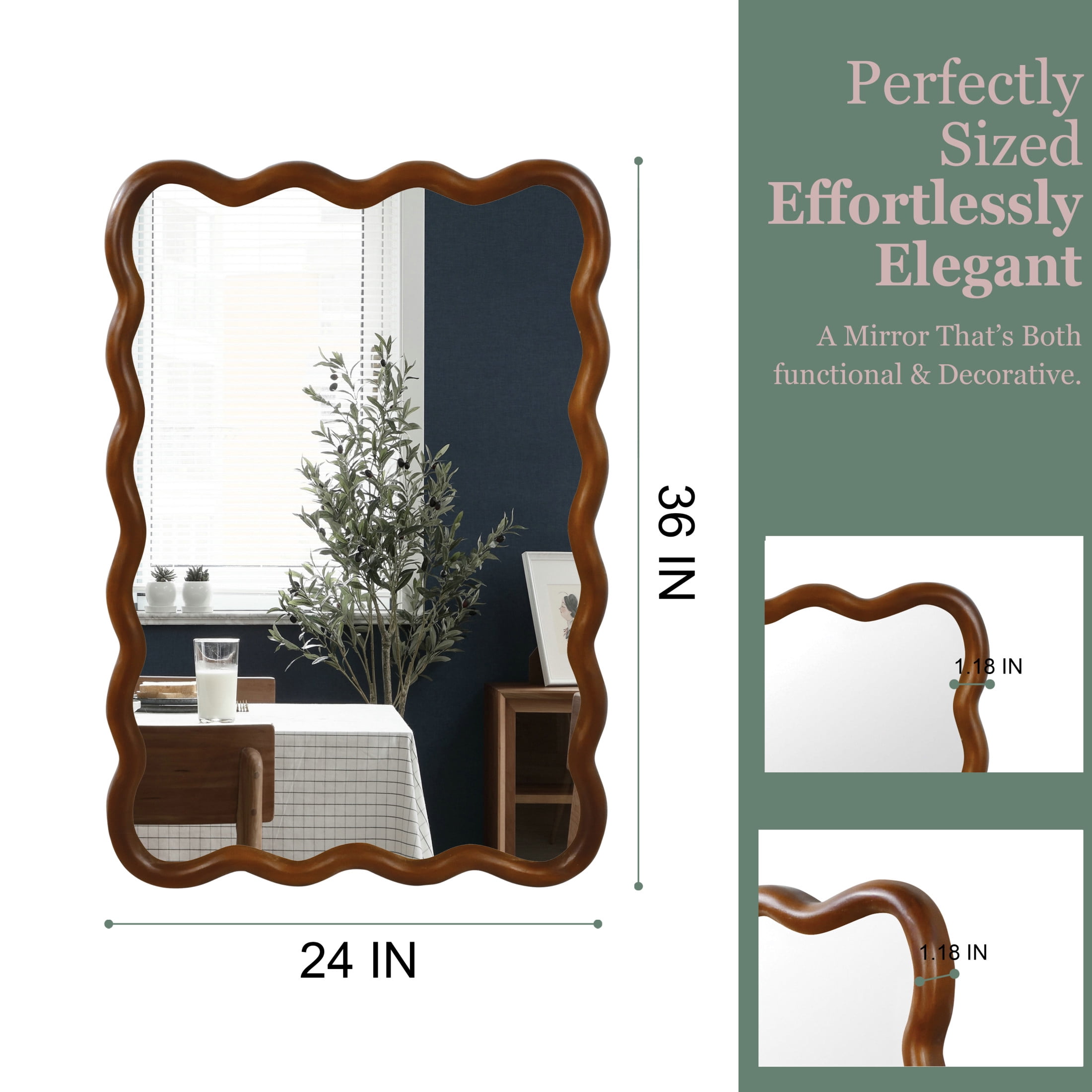 Noble House 24"x36" Wavy Rectangle Wall Mirror, Solid Wood Frame Decorative Accent Mirror for Entryway/Bathroom, Walnut