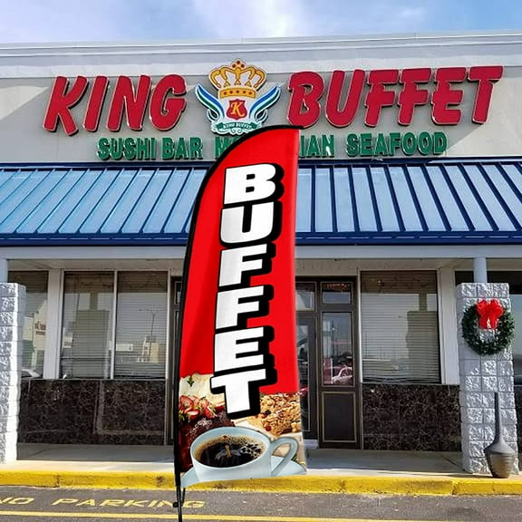 QSUM Buffet Themed Swooper Flag, 7FT Buffet Advertising Feather Flag with Pole Kit, Ground Spike, Buffet Signs for Businesses and Storefronts