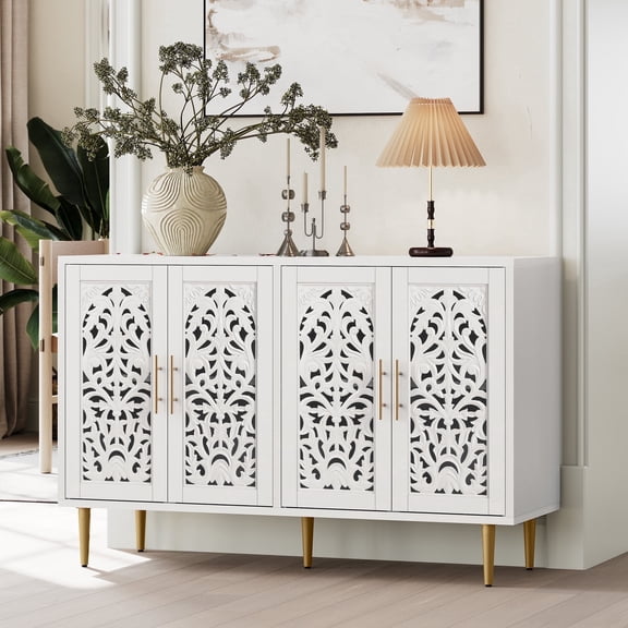 HLR 48" Accent Cabinet with 4 Doors, Vintage Sideboards and Buffet Cabinet with Storage, White Credenza