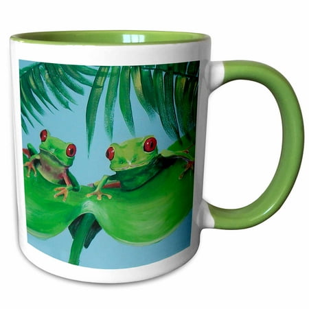 Two Tone Frog - 3dRose 2 Tree Frogs on a Big Palm Leaf - Two Tone Green Mug, 11-ounce