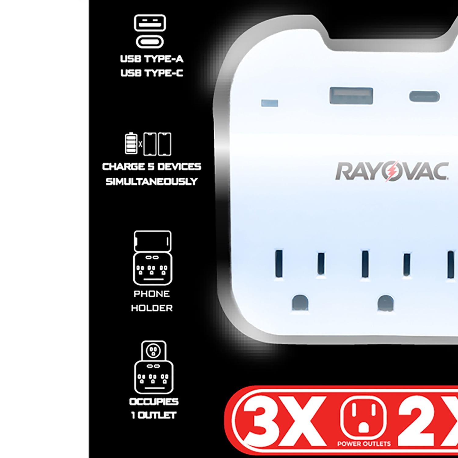 RAYOVAC Portable Surge Protector Wall Tap with Phone Holder, AC Outlets and 2 USB Ports (3 Outlet), SS-Q302C