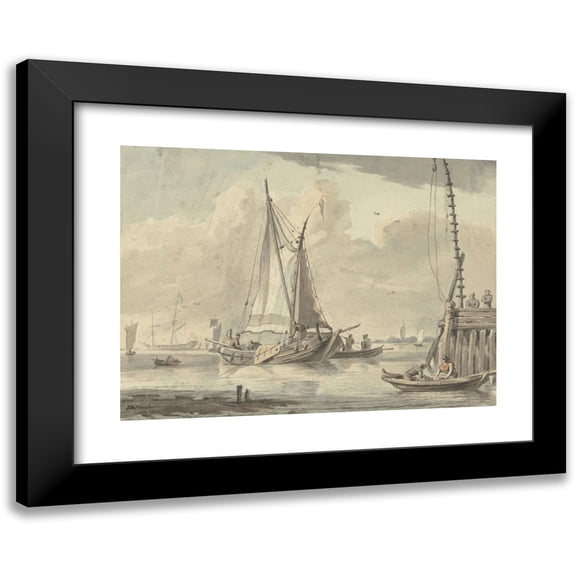 Aert Schouman 14x11 Black Modern Framed Museum Art Print Titled - Sailing Ships on the River Near Dordrecht (1720 - 1792)