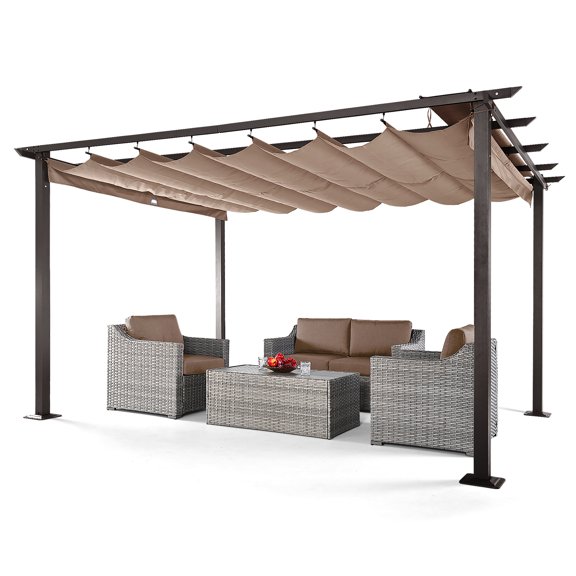 HAPPATIO 10' X 13' Outdoor Retractable Pergola with Sun and Rain-Proof Canopy, Includes Ground Studs and Expansion Screws (Brown)