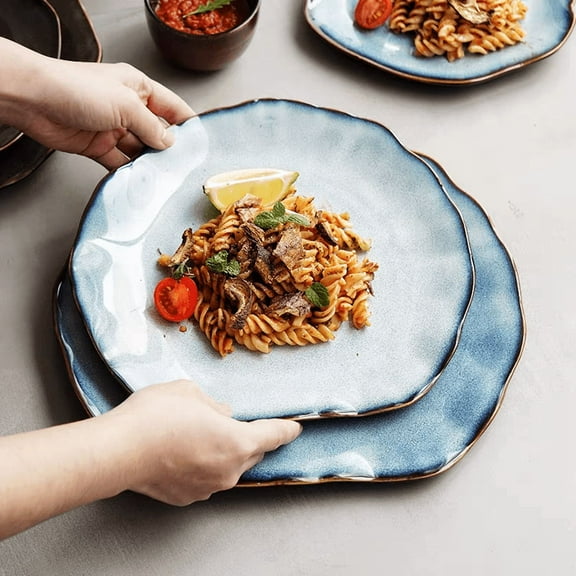 TAUFIKT 4pcs 8inch Ceramic Plate Set, Nordic Style Western Dinner Plates, Blue