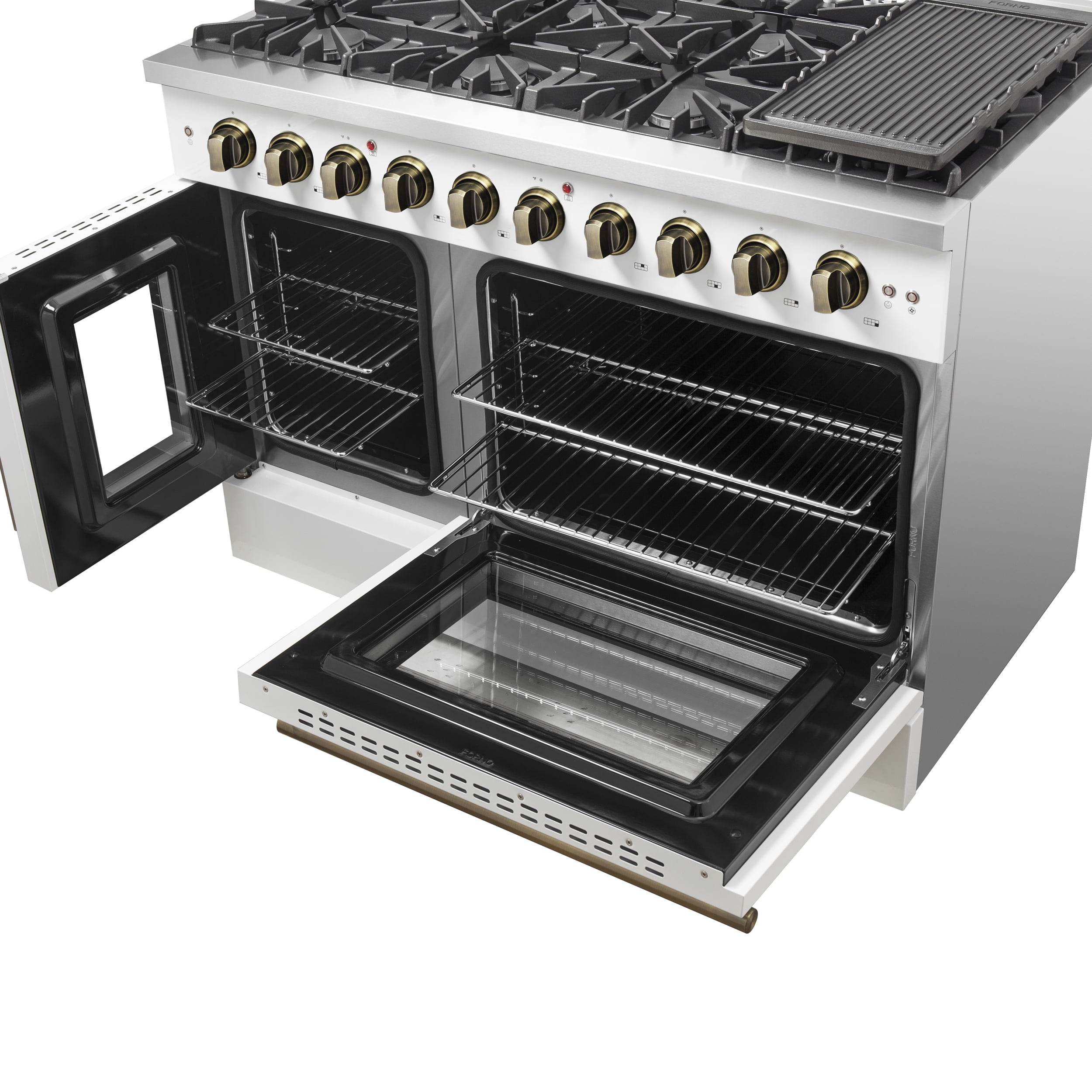 Forno Galiano 48-Inch Freestanding French Door Gas Range, White & Antique Brass