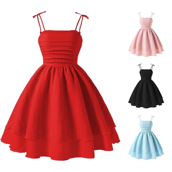 ANINEO Summer Dresses For Girl 2026 Girls Solid Color With Bowknot Sweet Sleeveless For Kids Spaghetti Strap Smocked Ruched A-Line Swing Layered Bow Tie Shoulder Flowy Cami Mini Relaxed Fit Dress
