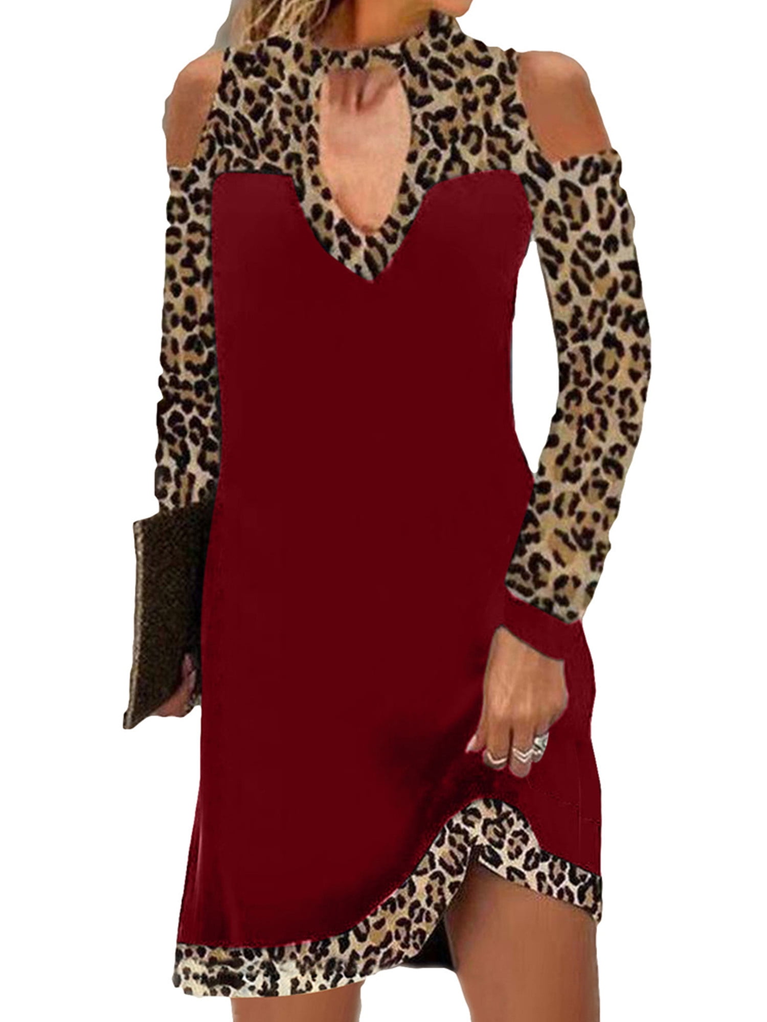 Wodstyle Womens Cold Shoulder Leopard Short Dress Long Sleeve Party Casual  Holiday Dresses - Walmart.com