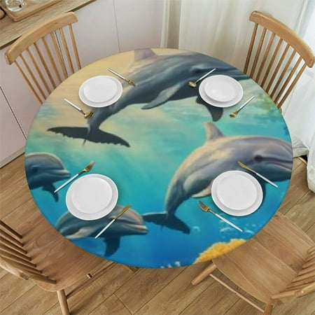 

Sheronv Dolphins Corals Round Table Cover Stain Resistant Washable 100% Polyester Waterproof Fabric Indoor Outdoor Tablecloth Kitchen Dining Wedding Parties 54 -58