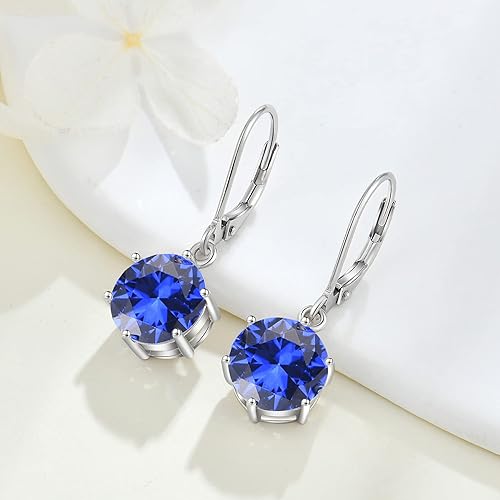 Divine_creation 2.20 Ct Round Cut Blue Sapphire Lever Back Womens Drop Earrings 14K White Gold Plated 925 Sterling Silver