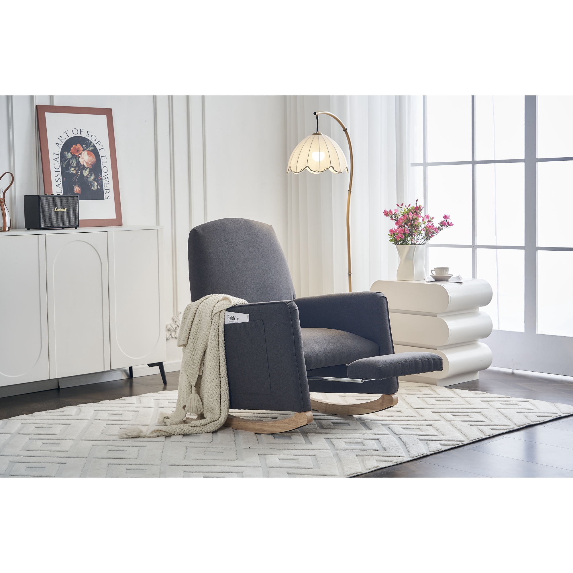 Leumius Nursery Rocking Chair,Cotton Linen Upholstered Glider Rocker Chair with Adjustable Footrest,Comfortable Rocker Recliner with Side Pocket for Living Room, Bedroom, Nursing Room,Dark Gray