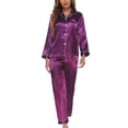 thumbnail image 2 of Women's 2 Piece Silk Pajama Set Summer Cool Silky Spring Satin Pj Set Fall Sleepwear Long Sleeve Button Down Collared Soft Lightweight Purple Medium, 2 of 5