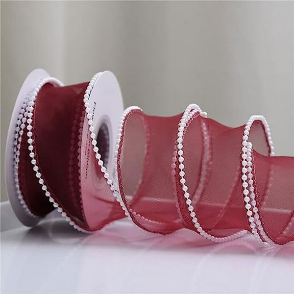 NAMZI 40mm Width Pearl Edge Silk Organza Ribbon Lace Material Ribbon for Hair Ornament Sewing Fabric Clothing Decor Handmade Supplies (Color : Wine red, Size : Length 4.5m)
