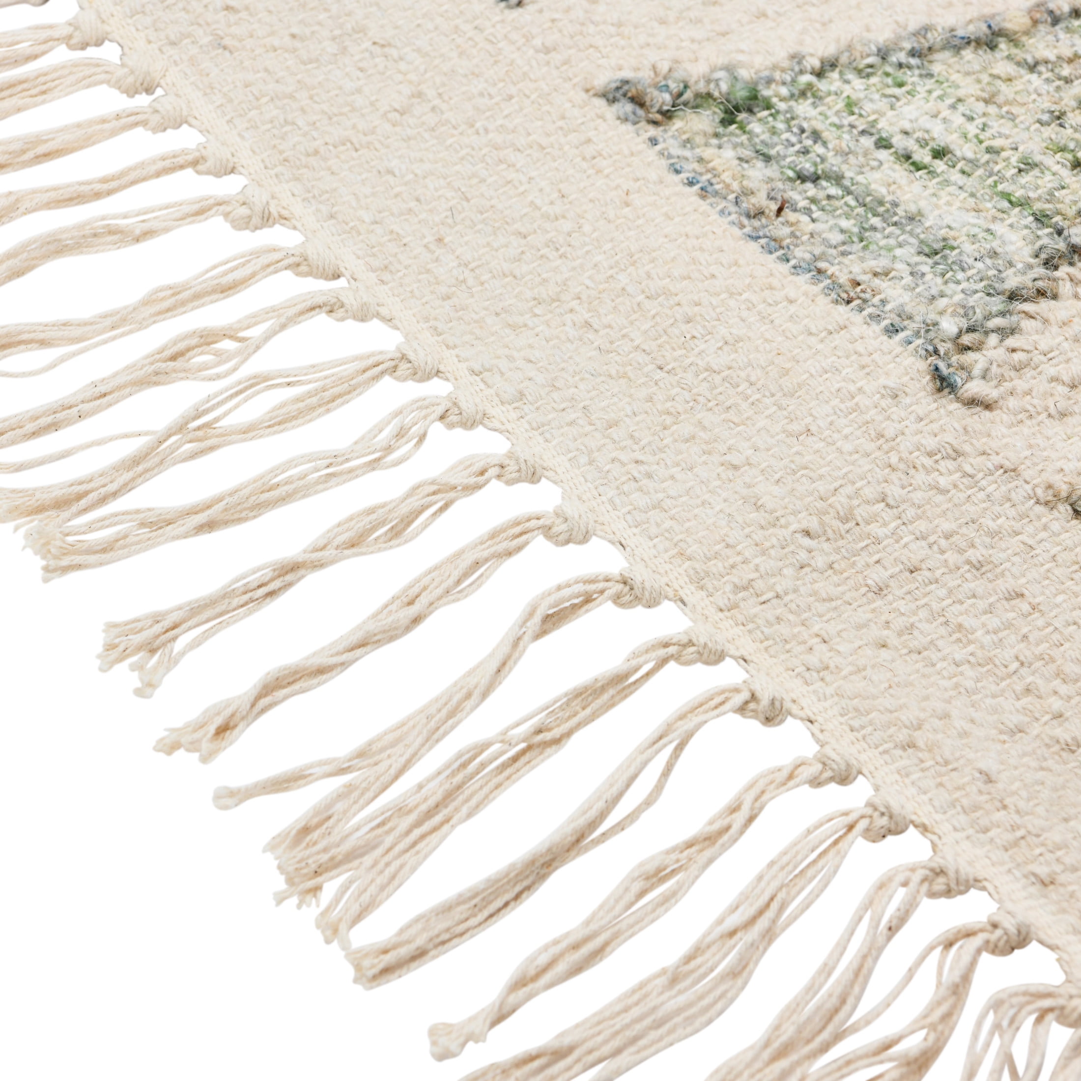 Creative Co-Op Creative Co-Op Hand Woven Cotton and Wool Kilim Floor Rug with Fringe, Green and Cream