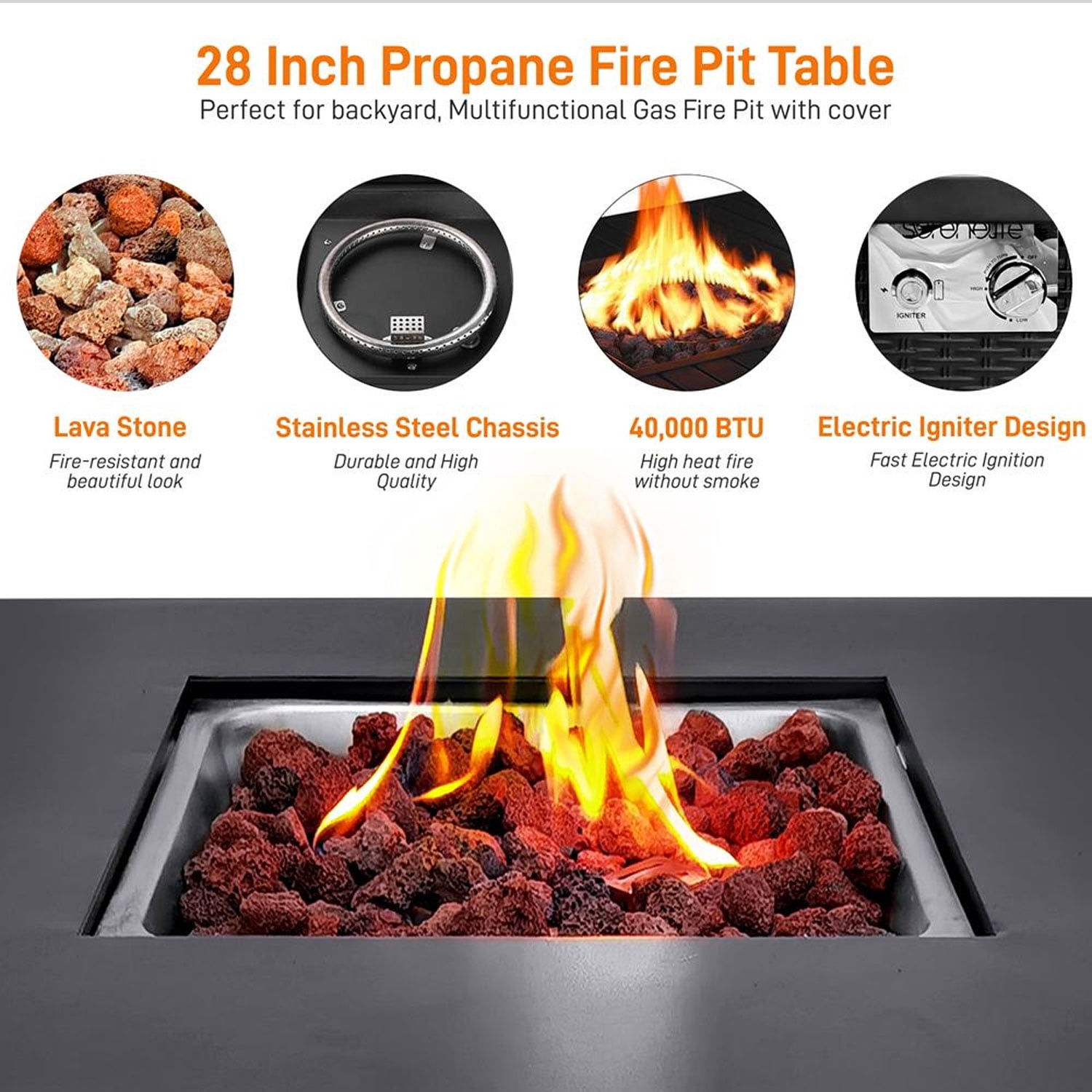 Serene Life Propane Gas Outdoor Patio Fire Pit Table with Weather Cover