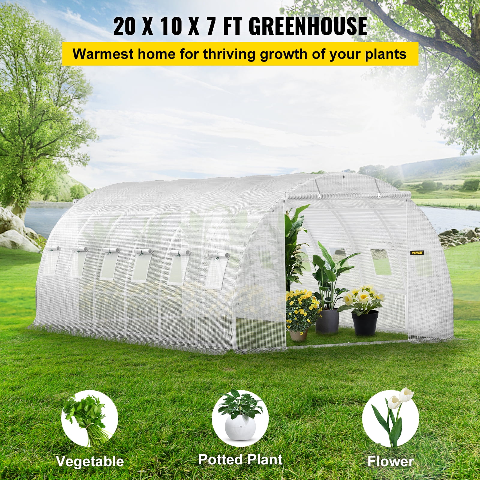 VEVORbrand Walk-in Tunnel Greenhouse, 20 x 10 x 7 ft Portable Plant Hot House w/ Galvanized Steel Hoops, 3 Top Beams, Diagonal Poles, 2 Zippered Doors & 12 Roll-up Windows, White