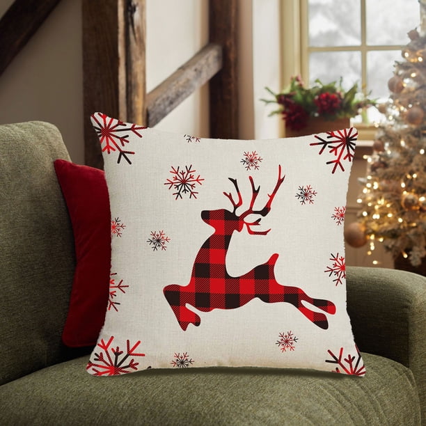 Fundas de Cojín Navideñas de 45X45 Cm con Estampado de Copos de Nieve y Ciervos En Rojo y Blanco. Fundas Decorativas para Cojines Decorativos Del Hogar, Sofá, Cama o Coche.