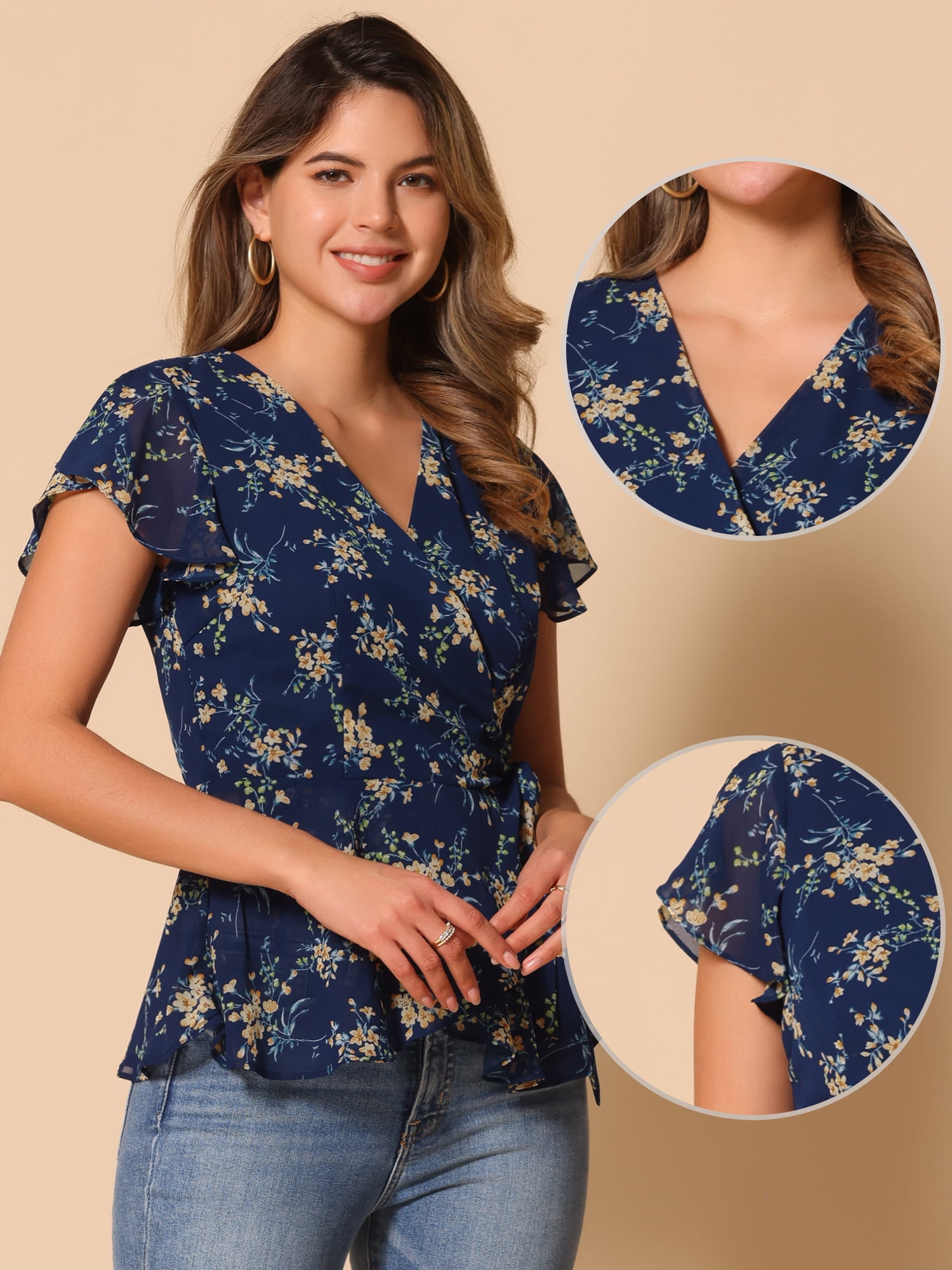 DARING DIVA Floral Wrap V Neck Tie Waist Peplum Blouse L Dark Blue