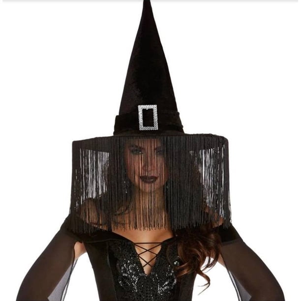 Xihbxyly Sombrero de Bruja con Borlas, Diseño Clásico Puntiagudo, Hebilla Exquisita, Tela Cómoda, Versátil para Cosplay, Fotografía o Fiestas de Halloween, Negro, Tamaño 43 X 37 Cm