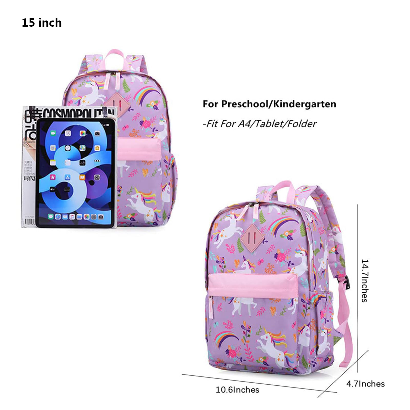 Mochila preescolar para niños pequeños, dinosaurio o unicornio, para niñas y niños, con correa de pecho (Unicornio púrpura) 4